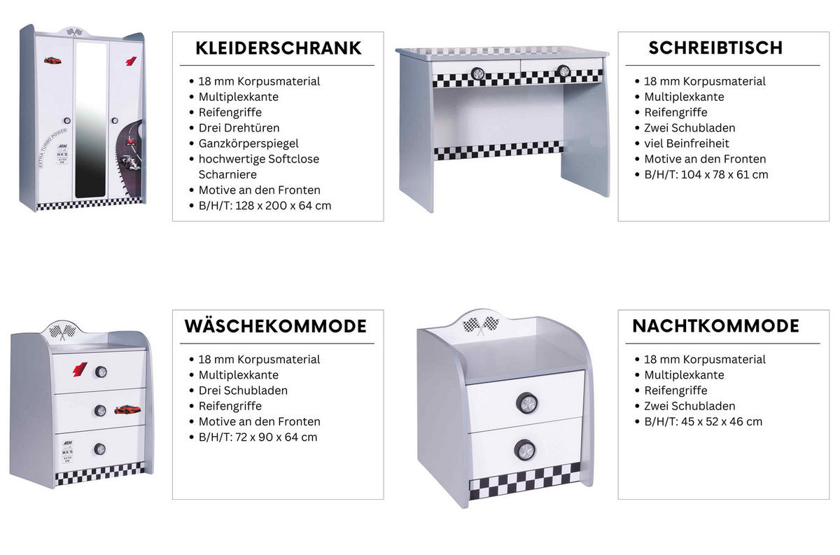 KINDERZIMMER Police Komplett Set mit Autobett 5-tlg. Schwarz Weiß - Schwarz/Weiß, Holzwerkstoff/Kunststoff (128/200/64cm) - Aileenstore