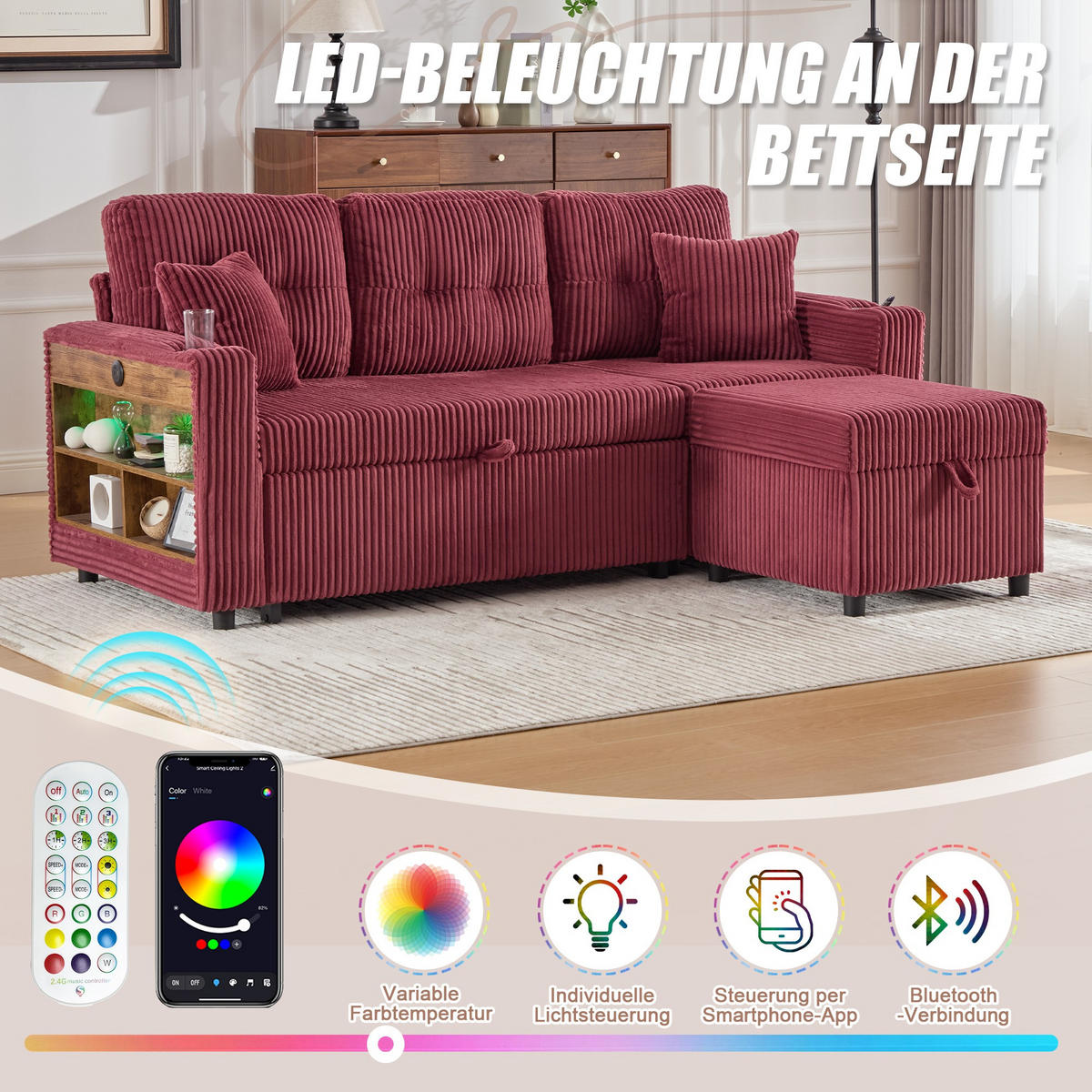 SCHLAFSOFA 3-er Sofa mit Schlaffunktion,Aufbewahrungshocker,Cord,Rot - Rot, Textil (196/85/119cm) - LVHOM