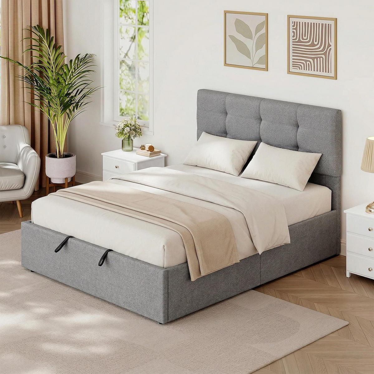 BETT 140x190 cm DE-14637 mit Lift-Stauraum und gepolstertem Kopfteil Grau - Grau, Textil (140/190cm) - ComfortXL