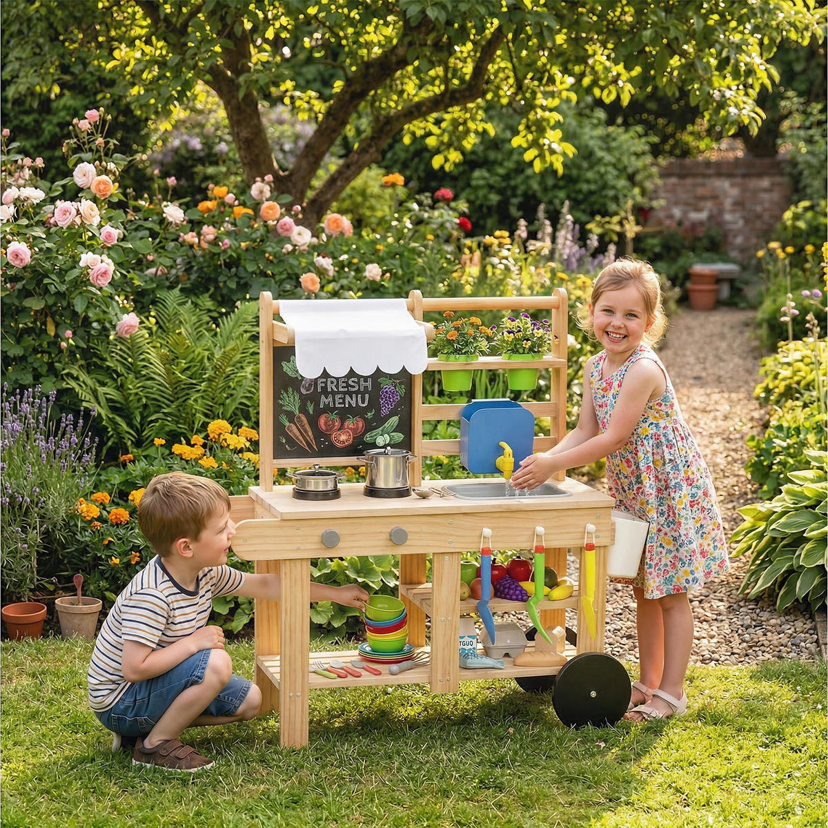 OUTDOOR-KINDER-MATSCHKÜCHE Tannenholz Edelstahl Naturholz - Naturfarben, Holz (34.4/84.2cm) - AIYAPLAY