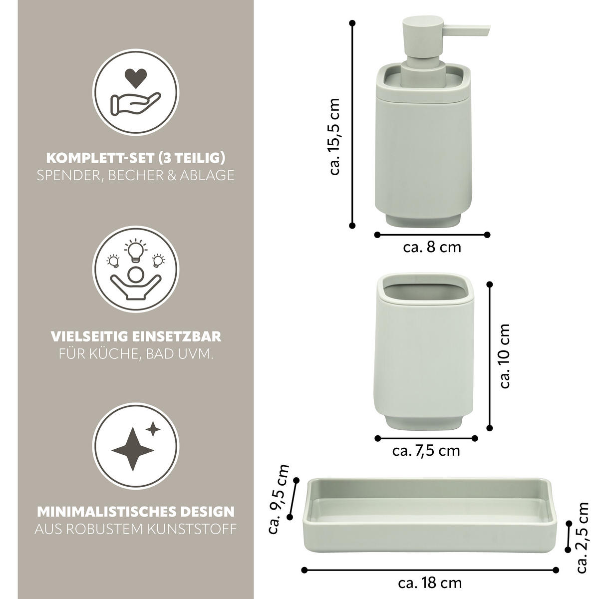 BAD-ACCESSOIRES-SET VALONA, Soft-Touch, Salbei - Salbeigrün, Kunststoff (18/2.5/9.5cm) - eluno