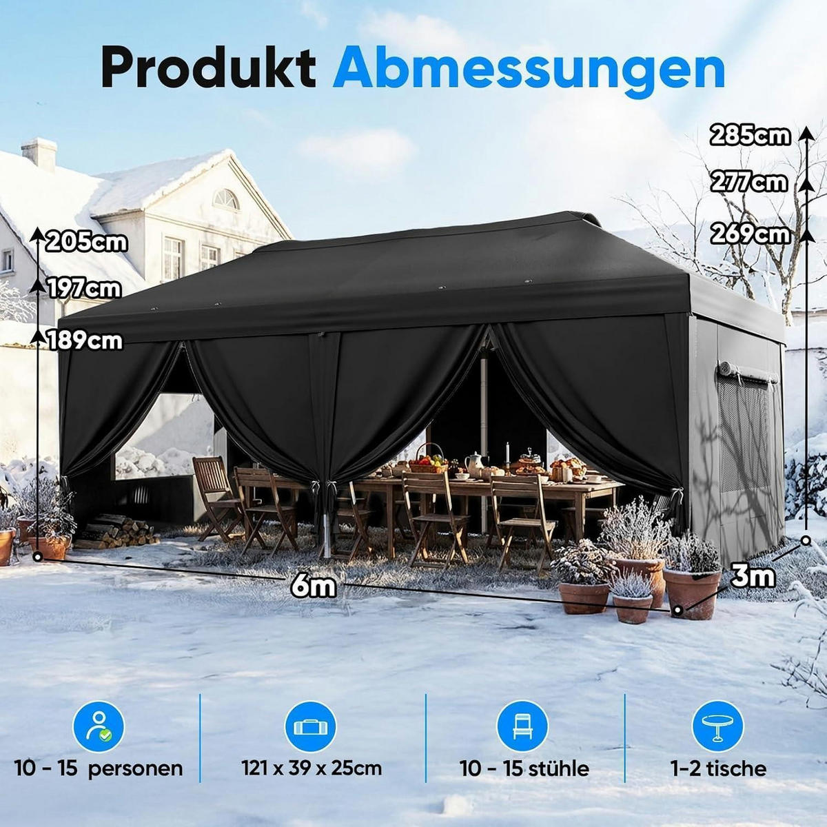 FALTPAVILLON 3x6m mit Seitenwänden und Insektenschutz schwarz - Schwarz, Textil (585/285/293cm)
