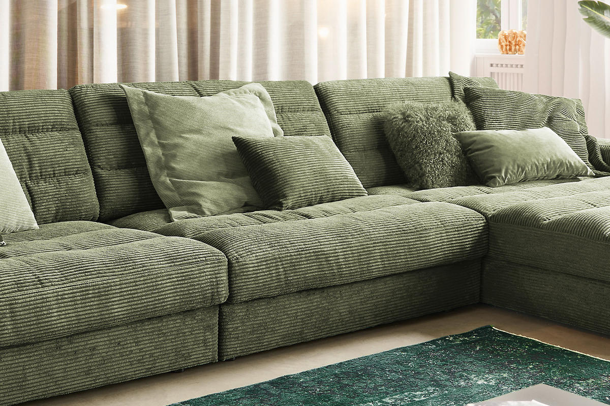 ECKSOFA XL LANA Grün Cord - Schwarz/Grün, Textil (416/205cm) - KAWOLA