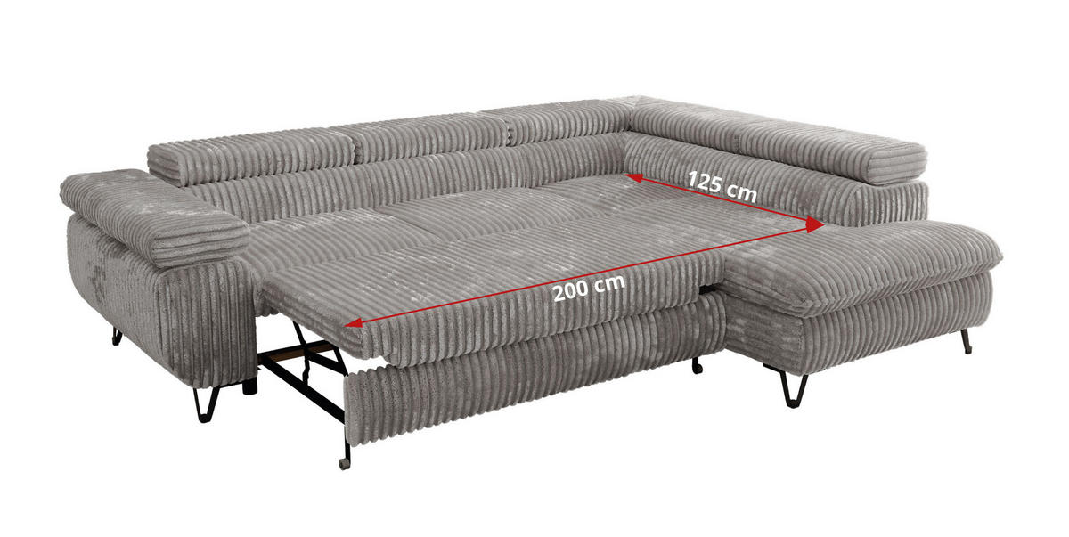 ECKSOFA PABLO L Hellgrau Cord - Rechts Seite mit T25 Topper - Hellgrau/Schwarz, Textil/Metall (273/208cm) - MKS