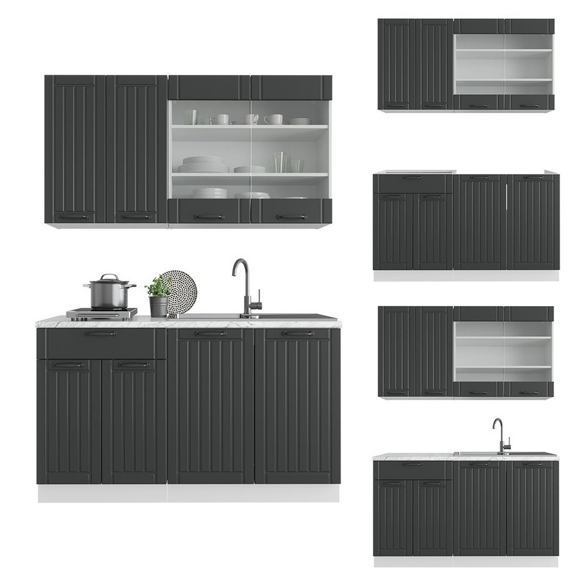 SINGLEKÜCHE Fame-Line Anthrazit Landhaus/Weiß 140 cm ohne AP - Dunkelgrau/Anthrazit, Holzwerkstoff (140/81.6/46cm) - Vicco
