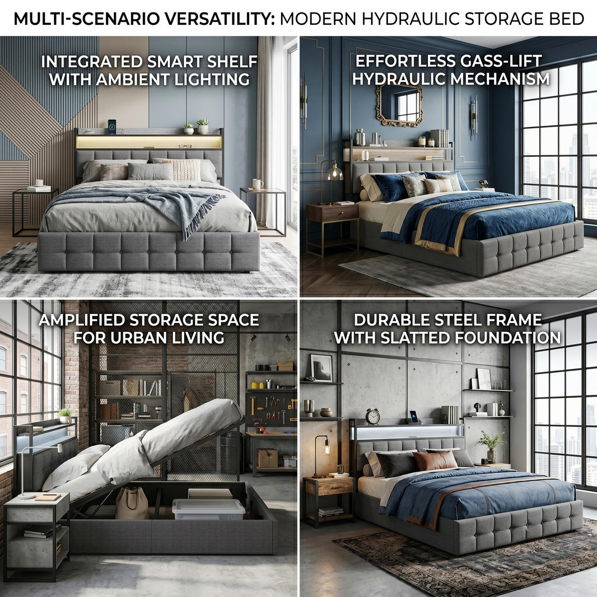 POLSTERBETT Geometrisch 140/200 cm mit Bettkasten & Regalkopfteil Leinenoptik Grau - Grau, Textil (140/200cm) - Creahappy