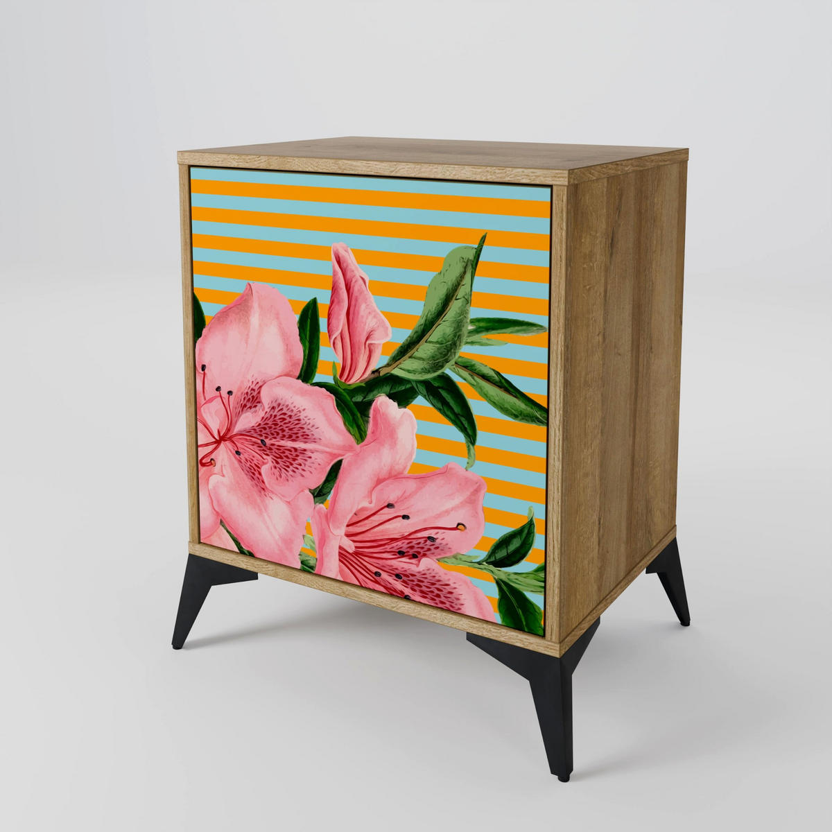 SIDEBOARD FRAGILE BEAUTY, Eichefarben, 57,5x42x67,5 cm, Schwarze Metall-Rahmenfüße - Eichefarben/Multicolor, Holzwerkstoff/Metall (57.5/67.5/42cm) - SpaceRebels
