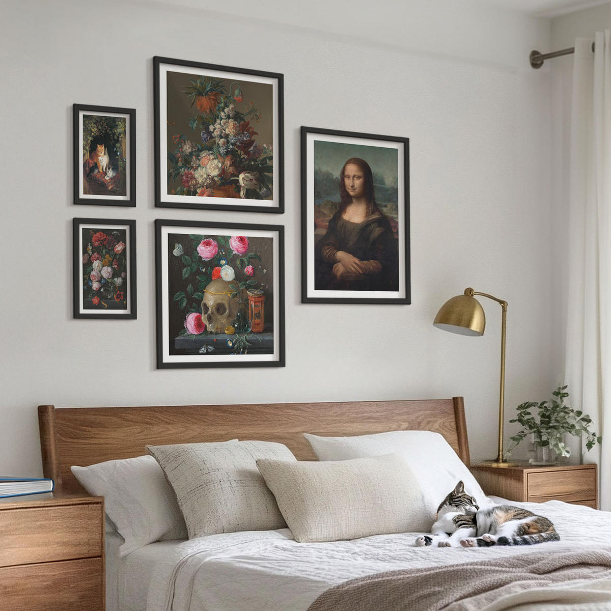 BILDER SET 5er Set - 50x50 cm & 20x30 cm & 40x60 cm Schwarzer Rahmen - Vintage Blumen Totenkopf Mona Lisa - Schwarz, Kunststoff (40/60cm) - TULUP