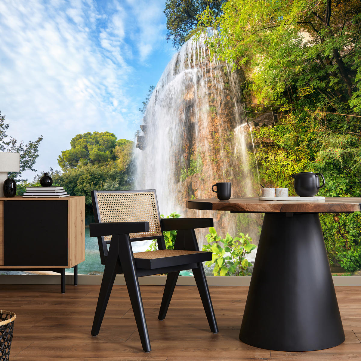 FOTOTAPETE für Wohnzimmer Wasserfall Nizza Felsen Pflanzen Bäume 400x280 - Blau/Beige, Papier (400/280cm) - Muralo