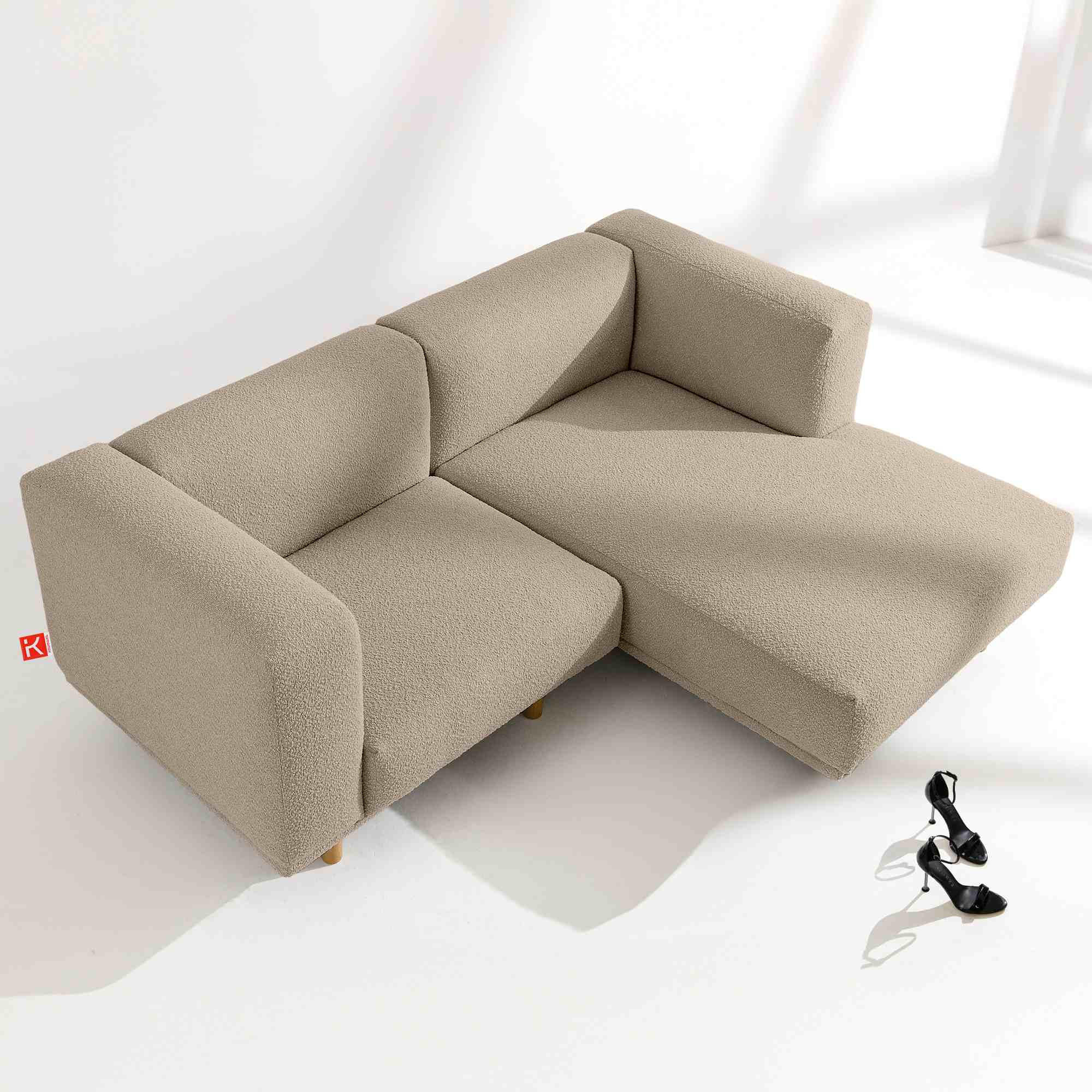 ECKSOFA-RECHTS FOSERO, Bouclé - Greige/Buchefarben, Holz/Holzwerkstoff (204/155cm) - KONSIMO®