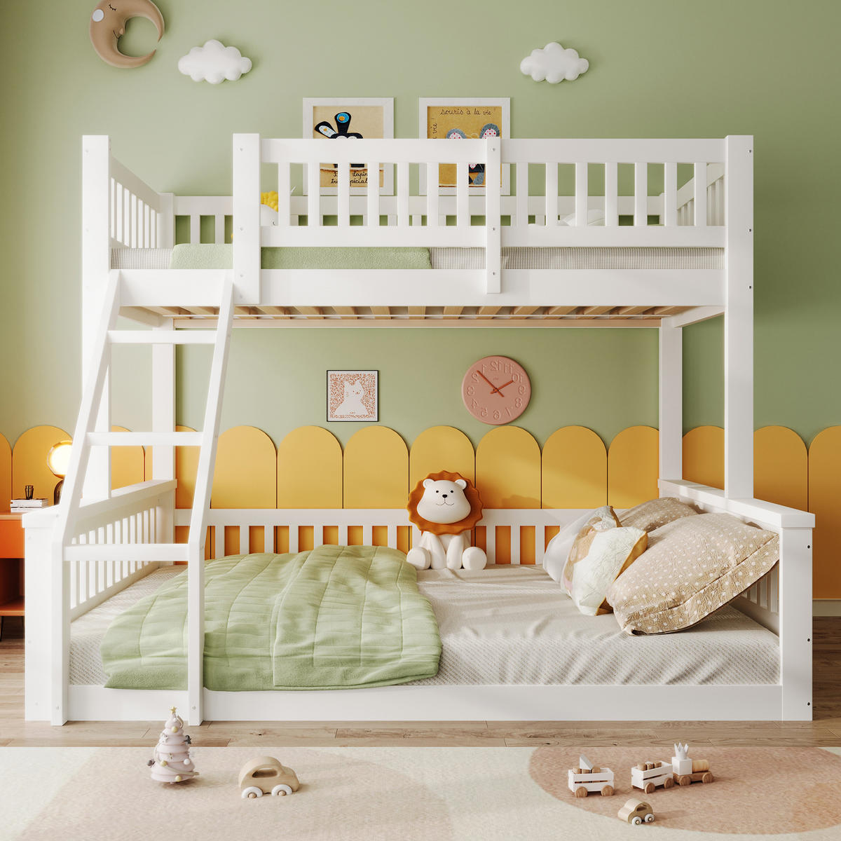 ETAGENBETT 90x200cm + 140x200cm Weiß Leiter Bettgitter - Weiß, Holz (140/200cm) - FLIEKS