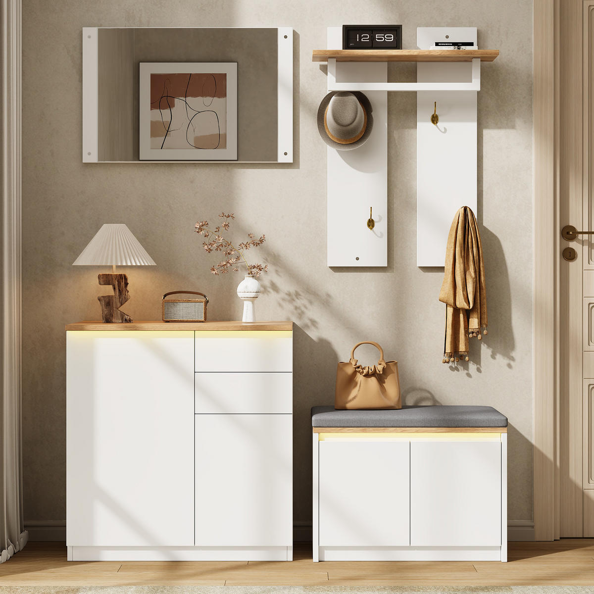 GARDEROBE 130x35x124.5cm mit Spiegel, LED und Schuhbank - Weiß, Holzwerkstoff (130/124.5/35cm) - FLIEKS