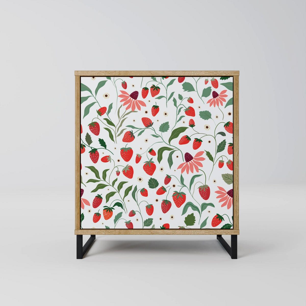 SIDEBOARD FLOWERS AND STRAWBERRIES, Eichefarben, 57,5x42x57,5 cm, Ohne Füße - Eichefarben/Multicolor, Holzwerkstoff (57.5/57.5/42cm) - SpaceRebels