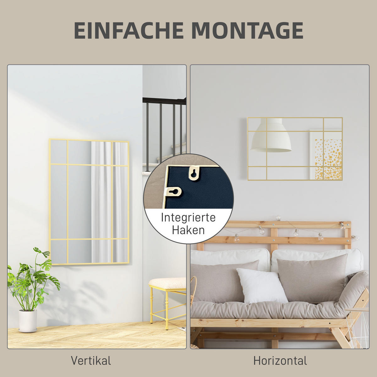 WANDSPIEGEL DE-08874 Gitterdesign mit 9 Feldern, 90/60 cm Gold - Goldfarben, Metall (90/60/2cm) - ComfortXL