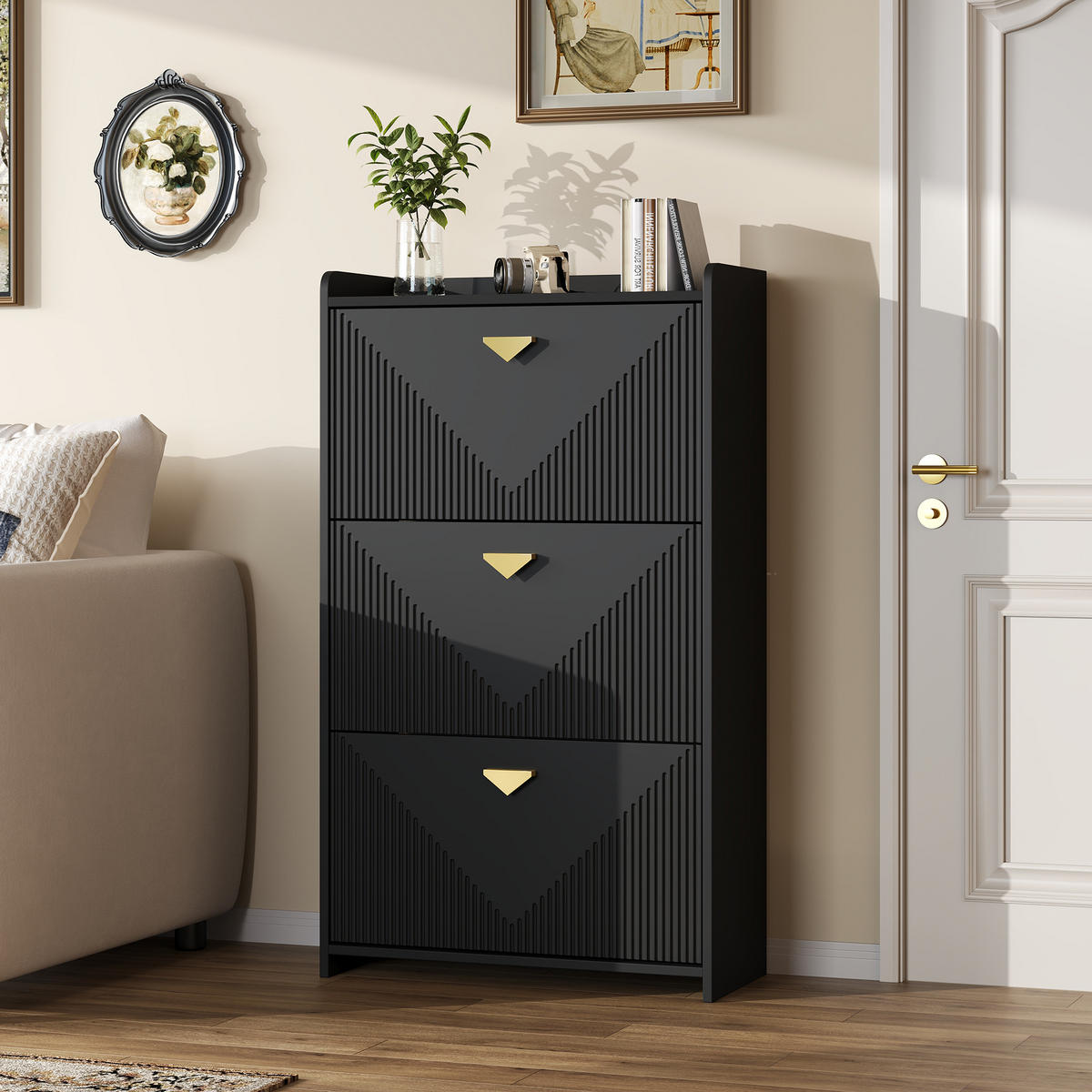 SCHUHSCHRANK aus MDF 70x30x120cm in Schwarz mit 3 Klapptüren - Schwarz, Holzwerkstoff (70/120/30cm) - Modfu