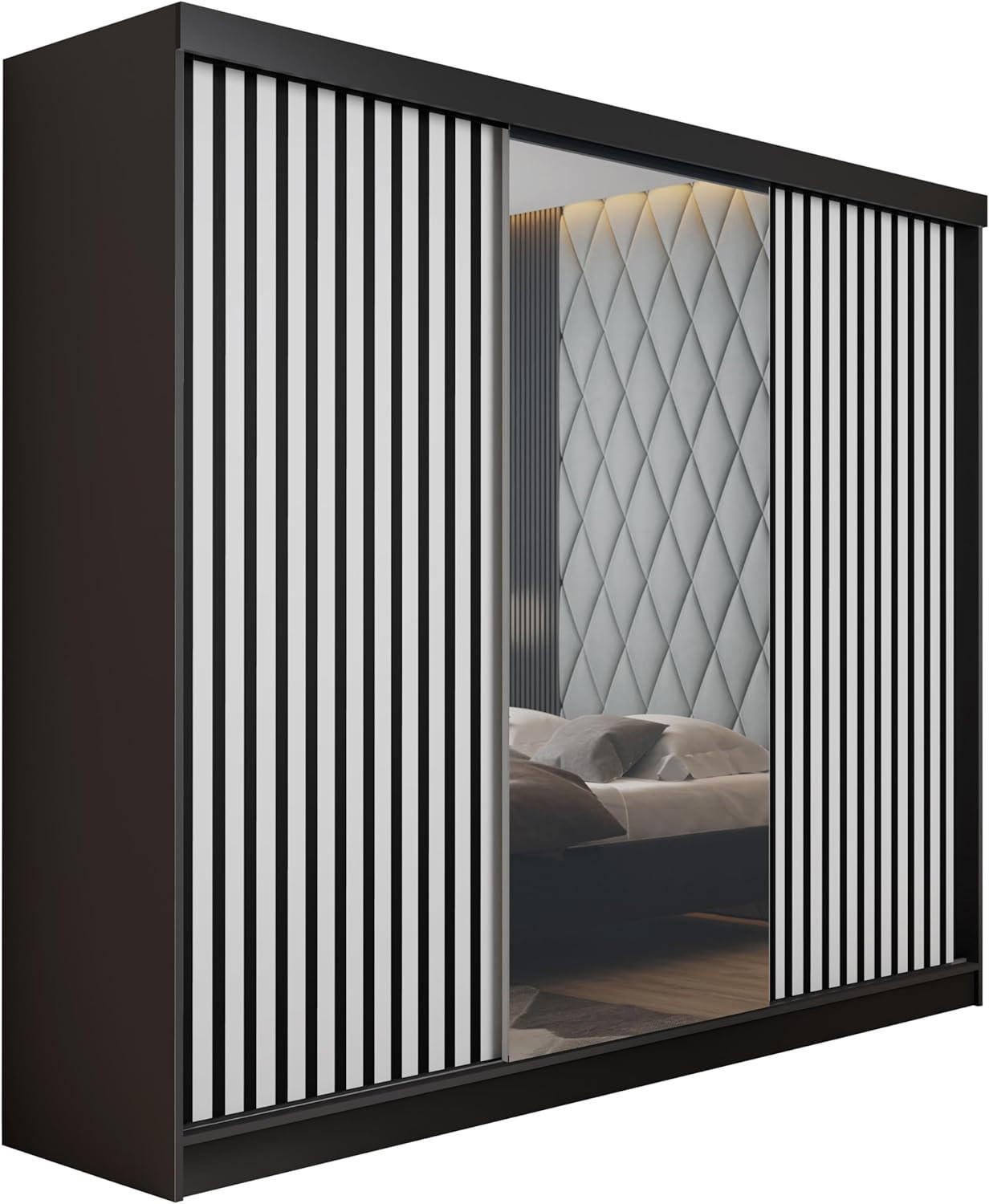 SCHIEBETÜRENSCHRANK MALANI - Schwarz und Weiß 200x205x59 cm - Schwarz/Weiß, Holzwerkstoff (200/205/59cm) - Kier Furniture