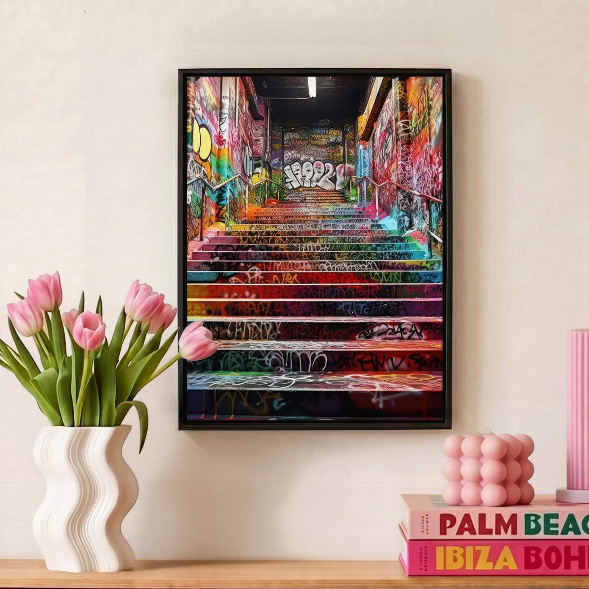 LEINWAND Bilder mit Rahmen - Treppe - Graffiti - Farben - Kunst - 30x40 - Multicolor, Textil (30/40cm) - MuchoWow