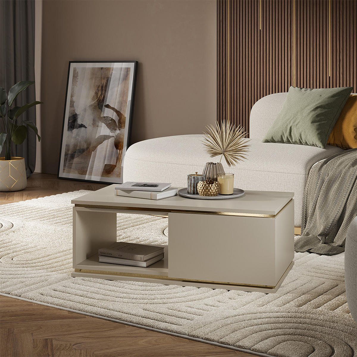 COUCHTISCH Linette Cashmere 90 x 50 cm mit Schublade - Kaschmir/Goldfarben, Holzwerkstoff (50/90/34cm) - Vicco