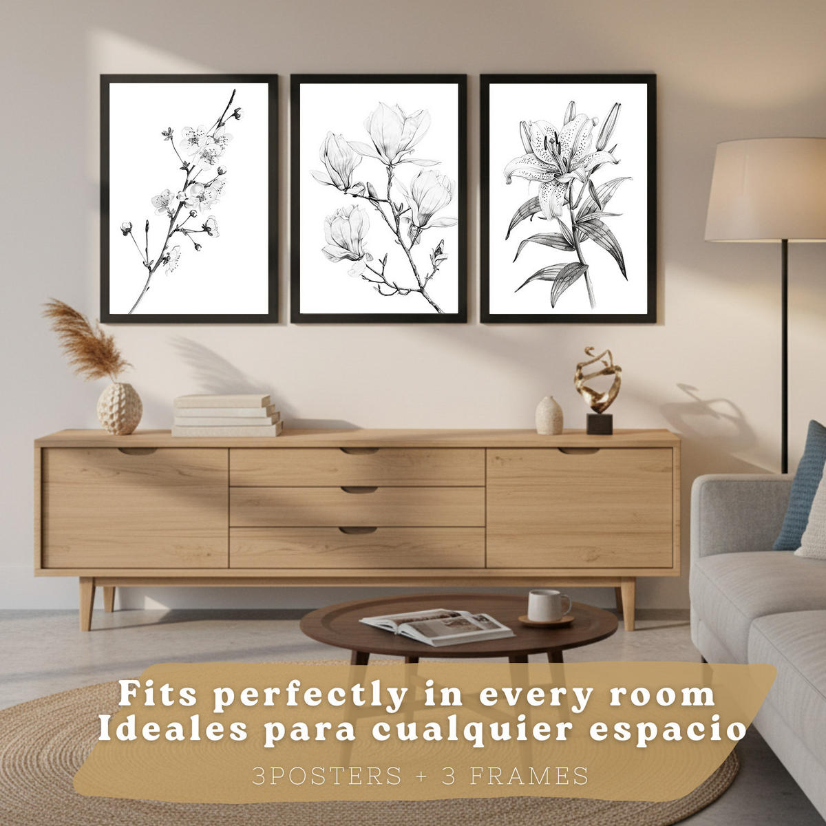 PLAKAT Sada 3 obrázků květin. Dekorativní nástěnné tisky Květiny tužkou. botanický plakát na zeď. Noridco květinové malby.Černý rám velikosti A3 - černá, papír (29.7/42/3cm)