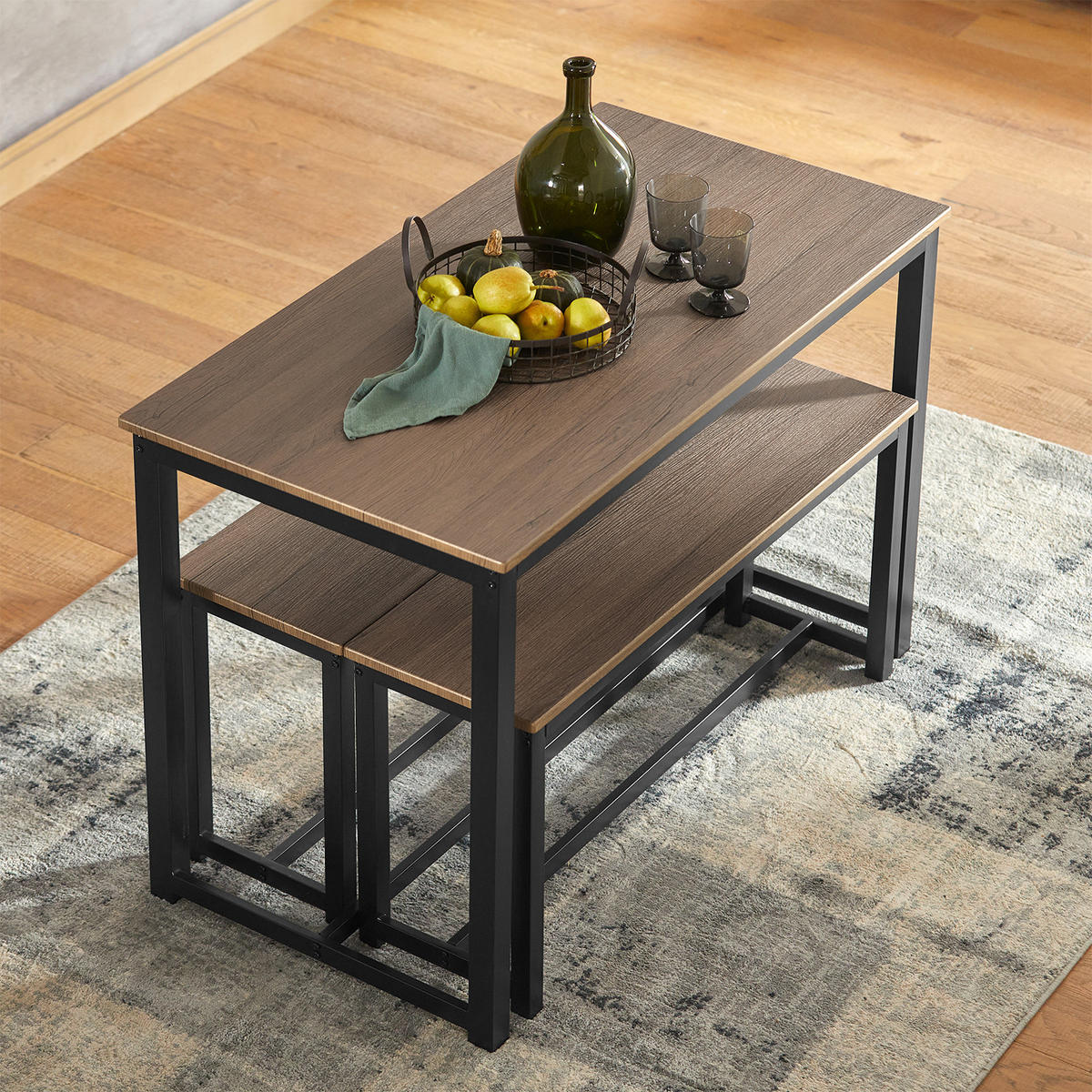 ESSTISCH + 2 x SITZBÄNKE - Braun, Holzwerkstoff/Metall (110/74/58cm) - SoBuy