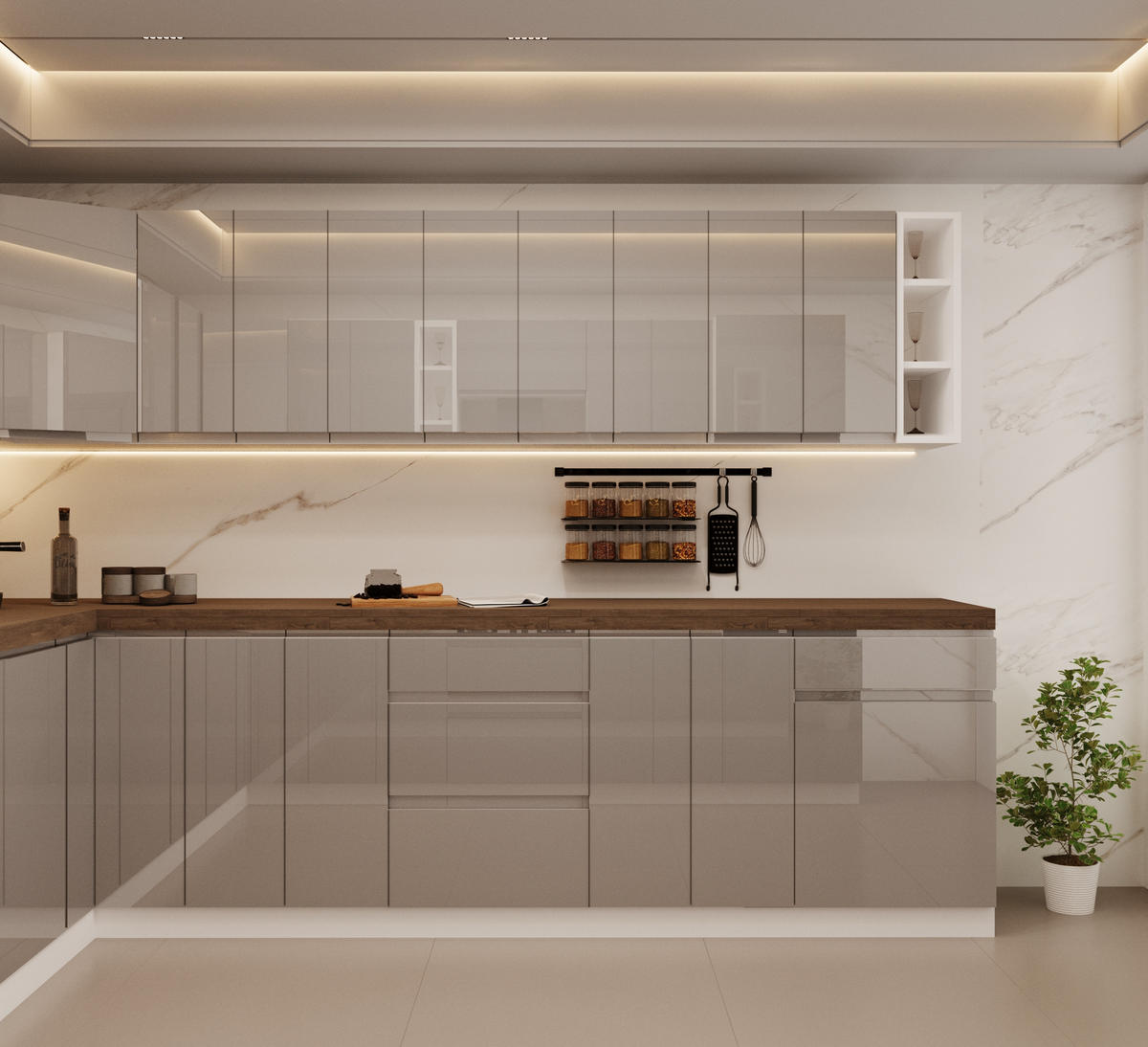 WINKELKÜCHE 320 cm x 200 x 320 cm - Aspen KA19-M320 - in Grau/Hochglanz - Grau, Holz (860/212/58cm)