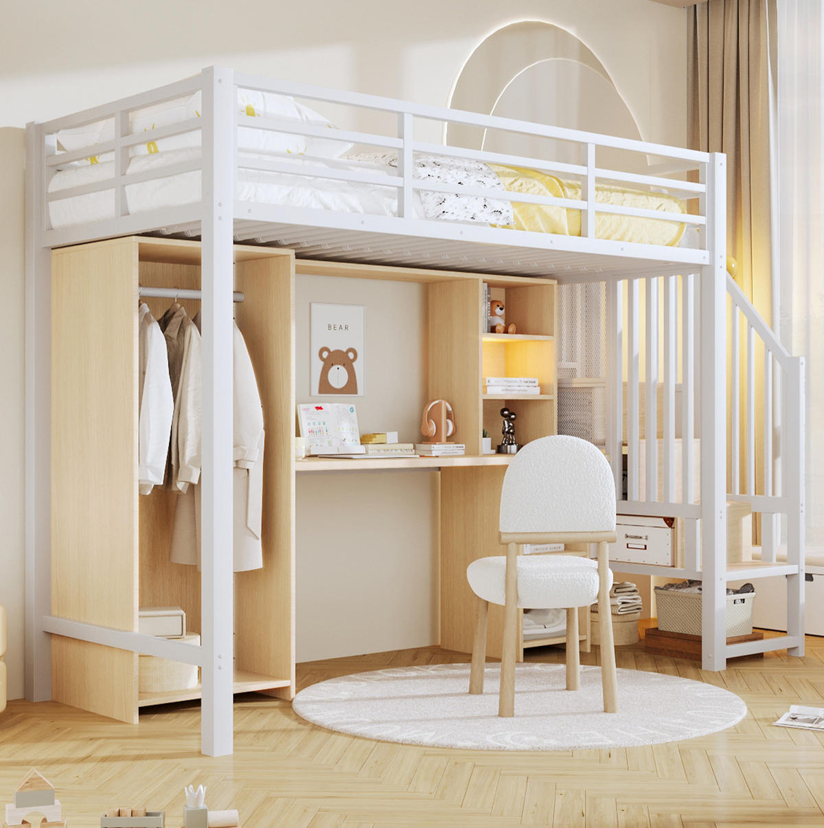 HOCHBETT 90/200 cm in Weiß – mit Schreibtisch, Kleiderschrank und Stauraum - Weiß, Metall (90/200cm) - BEAOK