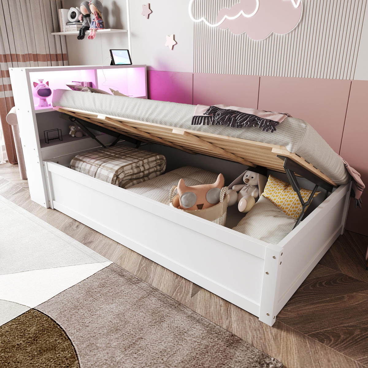 BETT 90/200 cm aus Holz mit Steckdose und LED-Lichtleiste, Weiß - Weiß, Holz (90/200cm) - OKMYHOME