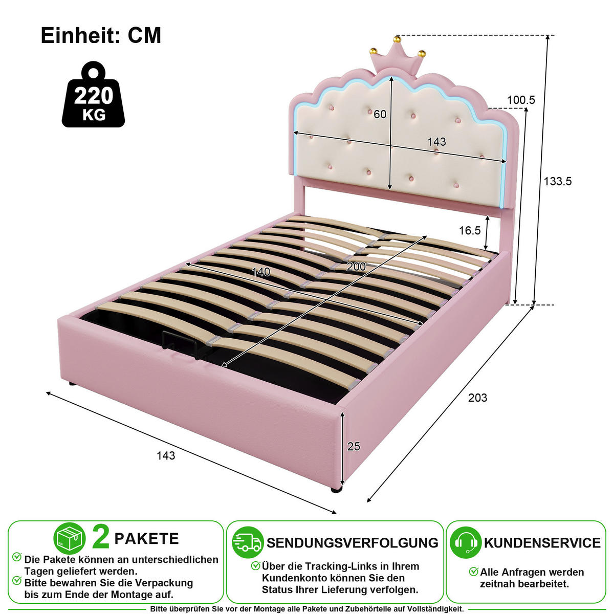 POLSTERBETT 140/200 cm in Rosa mit Bettkasten und LED Kunstleder - Rosa, Holzwerkstoff/Textil (140/200cm) - CHICFURN