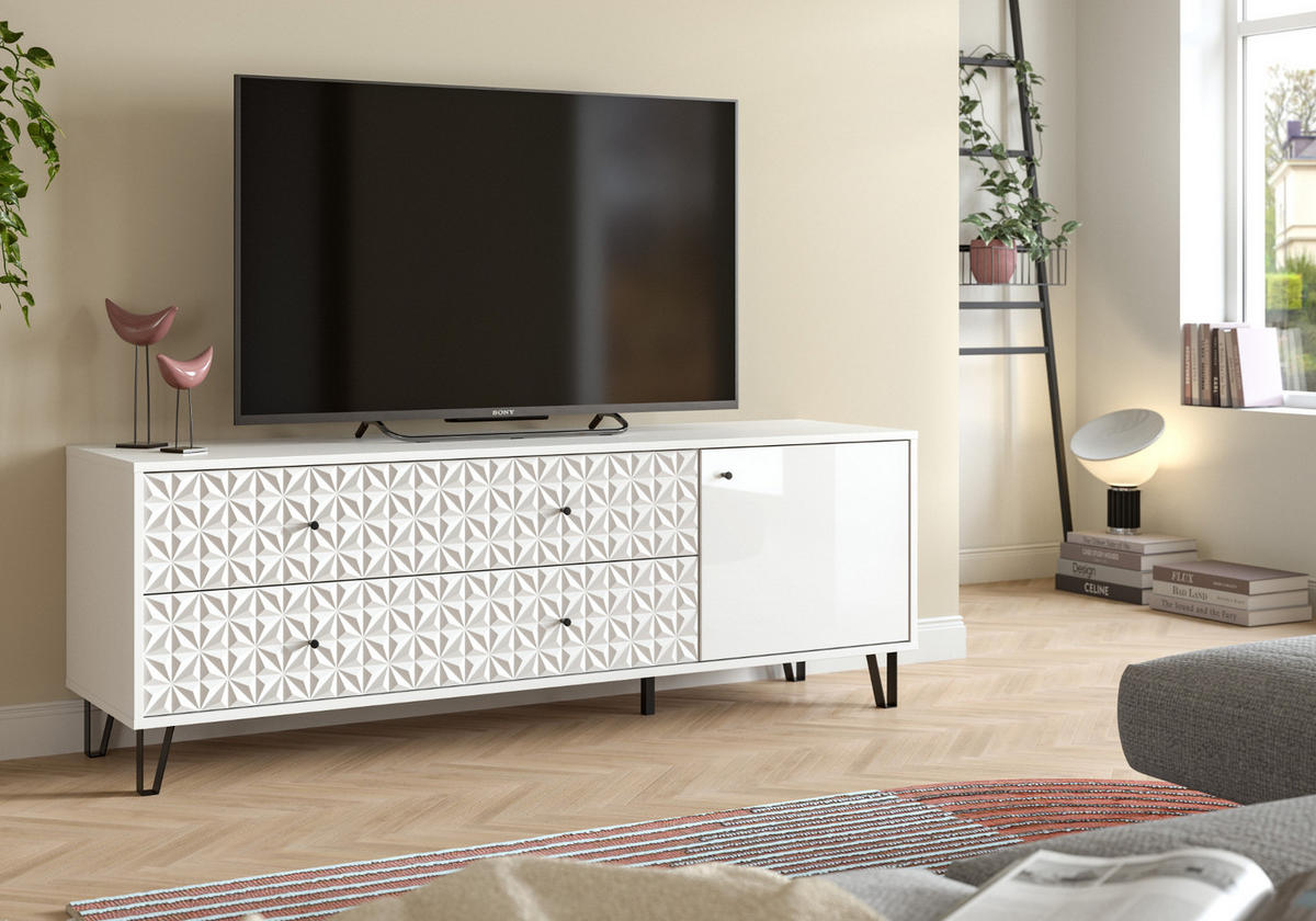 TV-LOWBOARD weiß Hochglanz 164 x 56 cm, TV Unterteil mit 3D-Struktur - Weiß Hochglanz/Schwarz, Holzwerkstoff/Kunststoff (164/56/40cm) - Inn.Furn