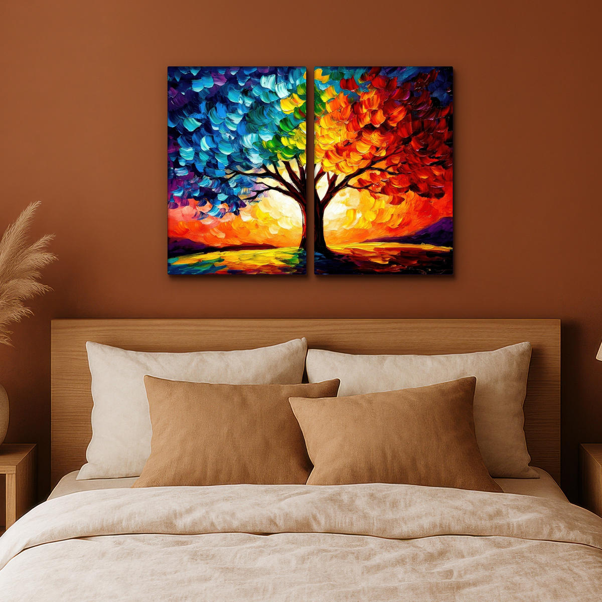 LEINWANDBILD 2er Set Baum - Farbenfroh - Malerei-Look - Abstrakt 80x60 cm - Multicolor, Textil (80/60cm) - MuchoWow