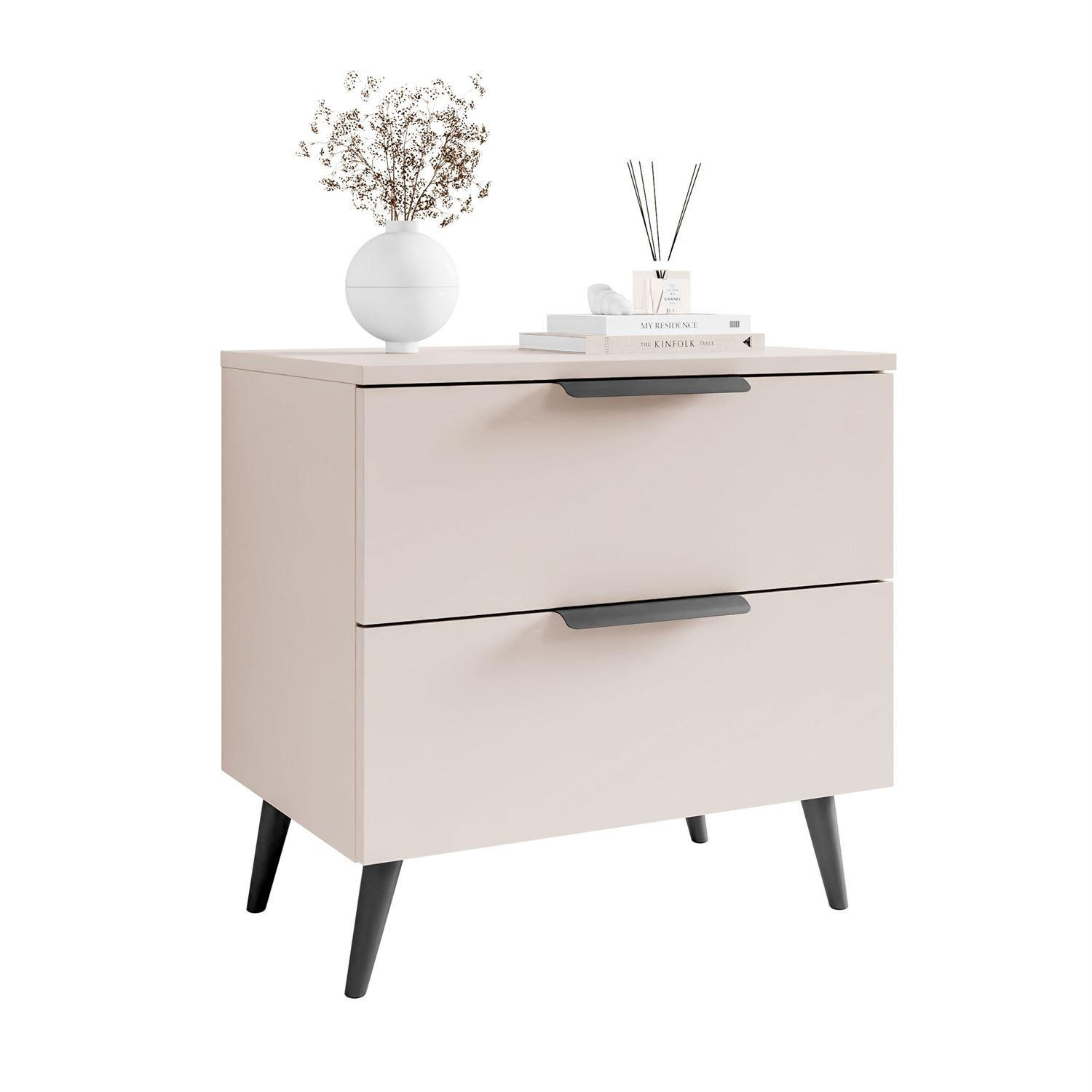 NACHTKOMMODE LINA KASCHMIR 2S auf schrägen Beinen LED schwarze Beine und Griffe - Ecru, Holzwerkstoff (55/55/37cm) - Lookway