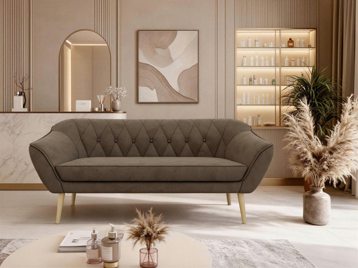 3-SITZER-SOFA PIRS - Braun Velvet - Holzbeine - Dunkelbraun/Buchefarben, Holzwerkstoff/Textil (180/75/74cm) - MKS