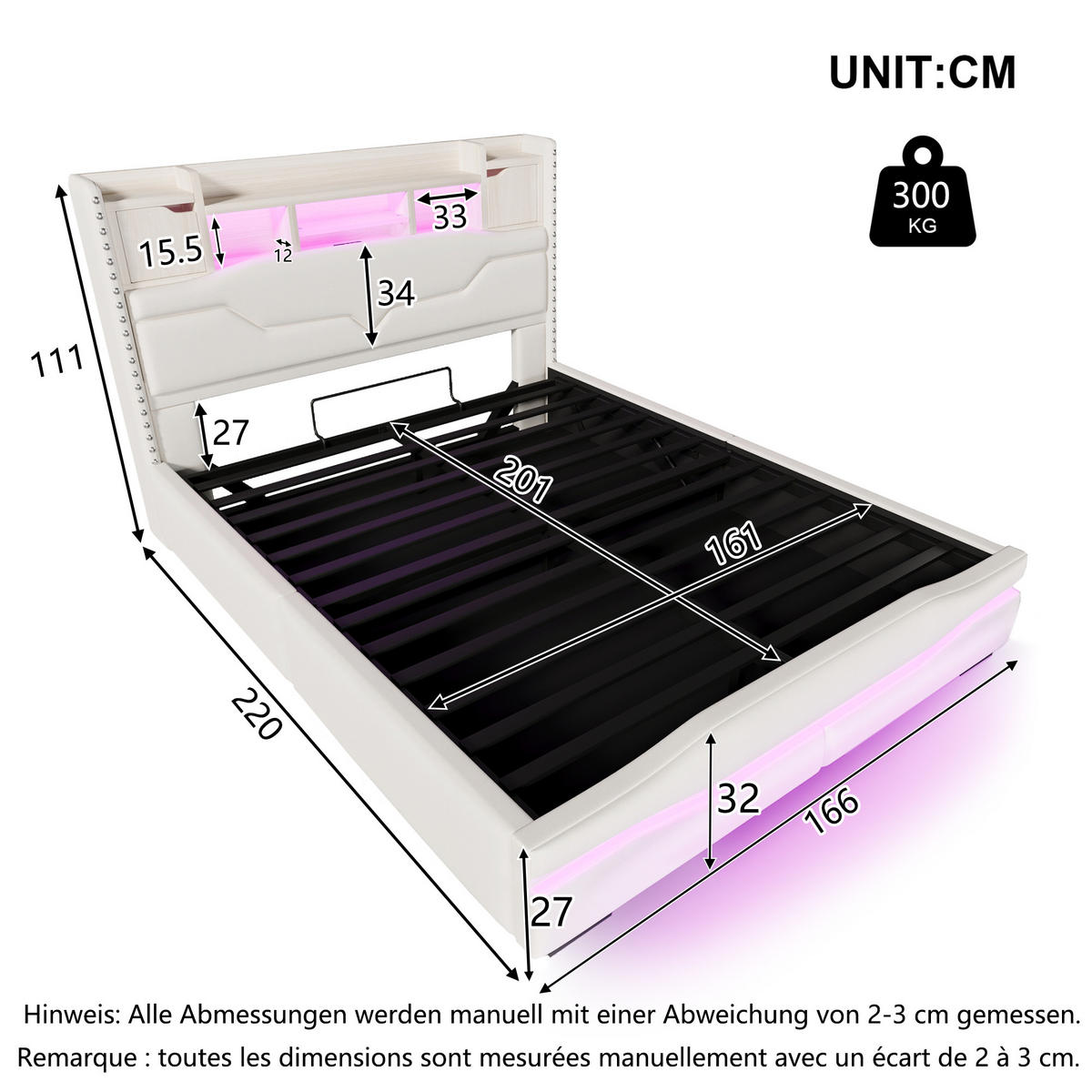 POLSTERBETT 160x200cm Beige USB-C LED-Licht Kopfteil Hydraulik - Beige, Holz (160/200cm) - FLIEKS