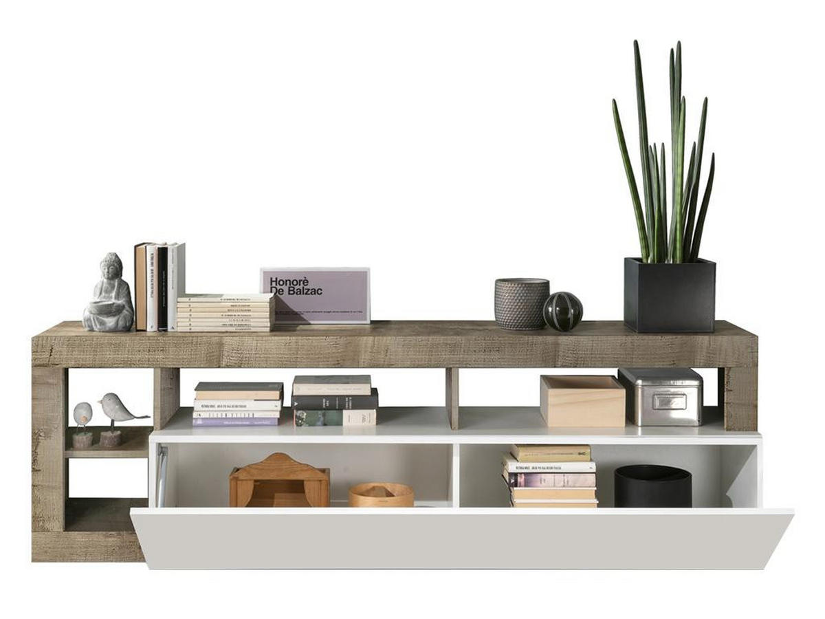 TV-MÖBEL mit 1 Tür & 4 Ablagen - Weiß lackiert & Eichefarben - SEFRO - Naturfarben, Holz (42/58/184cm) - Vente-Unique