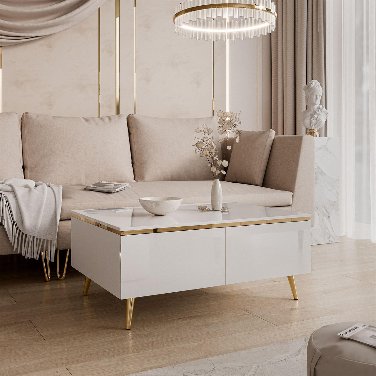 COUCHTISCH AURORA mit Staufach Weiß / Weiß hochglanz - Weiß Hochglanz/Goldfarben, Holzwerkstoff/Metall (60/90/41cm) - Lookway