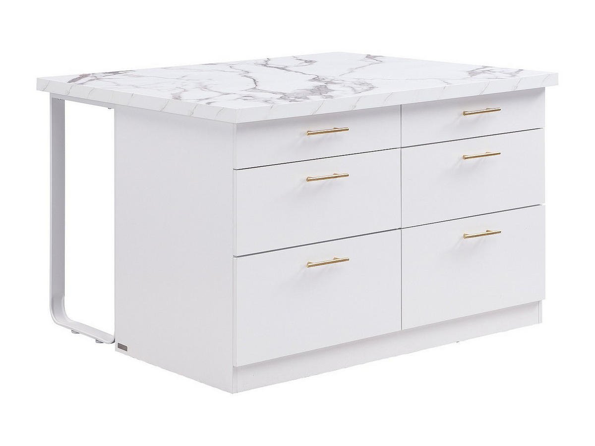 KÜCHENINSEL mit 6 Schubladen - MDF & Metall - Marmoroptik Weiß - ALEGRITA - Weiß, Holz (126/80/104cm) - Vente-Unique