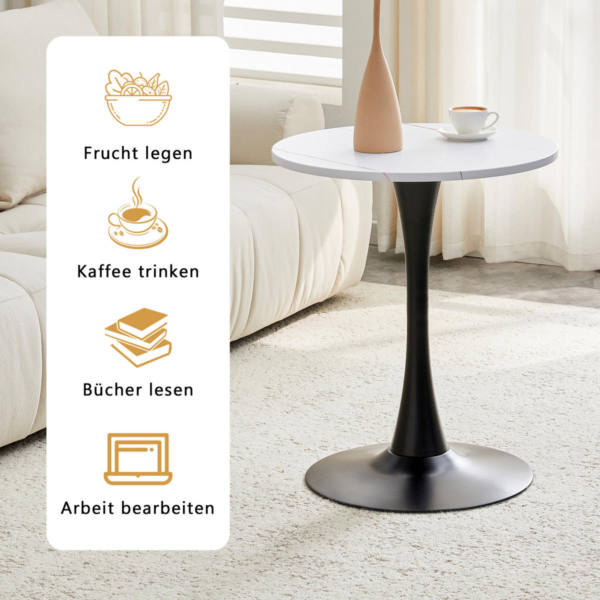 BEISTELLTISCH rund 60/72 cm in Weiß/Schwarz aus MDF und Metall - Weiß, Holzwerkstoff (60/60/72cm) - Flora Grace