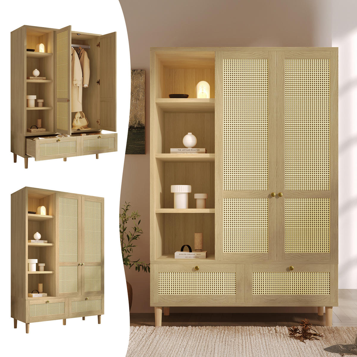 KLEIDERSCHRANK 120/50/180 cm mit 2 Drehtüren, 2 Schubladen und Rattan in Eiche - Eichefarben, Holz (120/180/50cm) - BEAOK