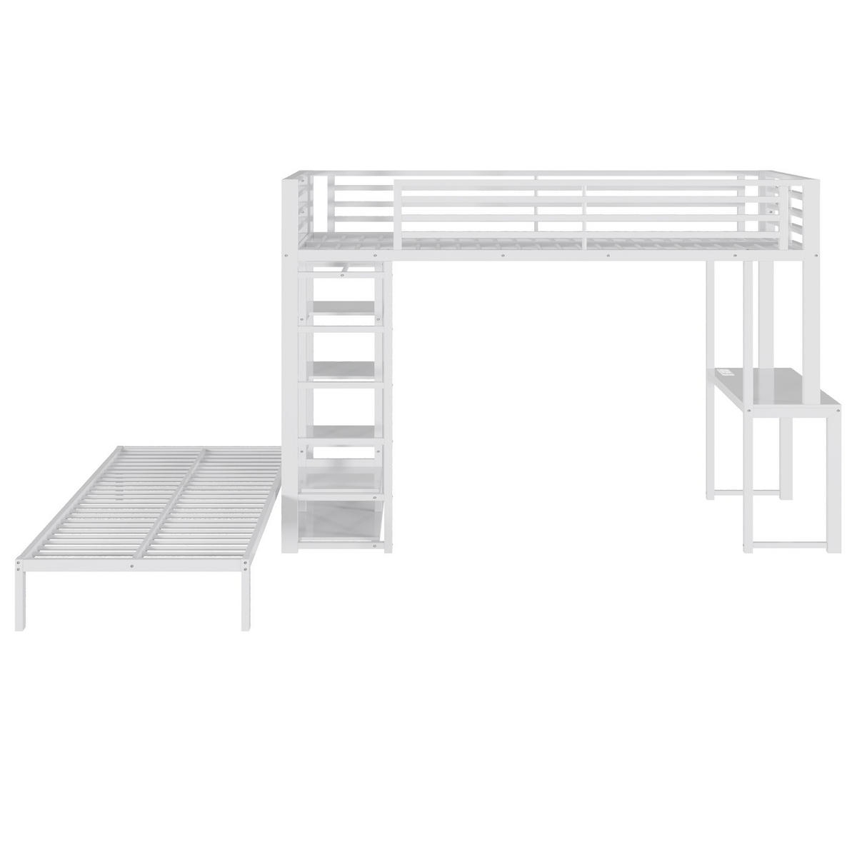 HOCHBETT Metall & MDF 90x200 cm Weiß mit Schreibtisch, Regalen und Kleideraufbewahrung - Weiß, Holzwerkstoff (90/200cm) - Modfu