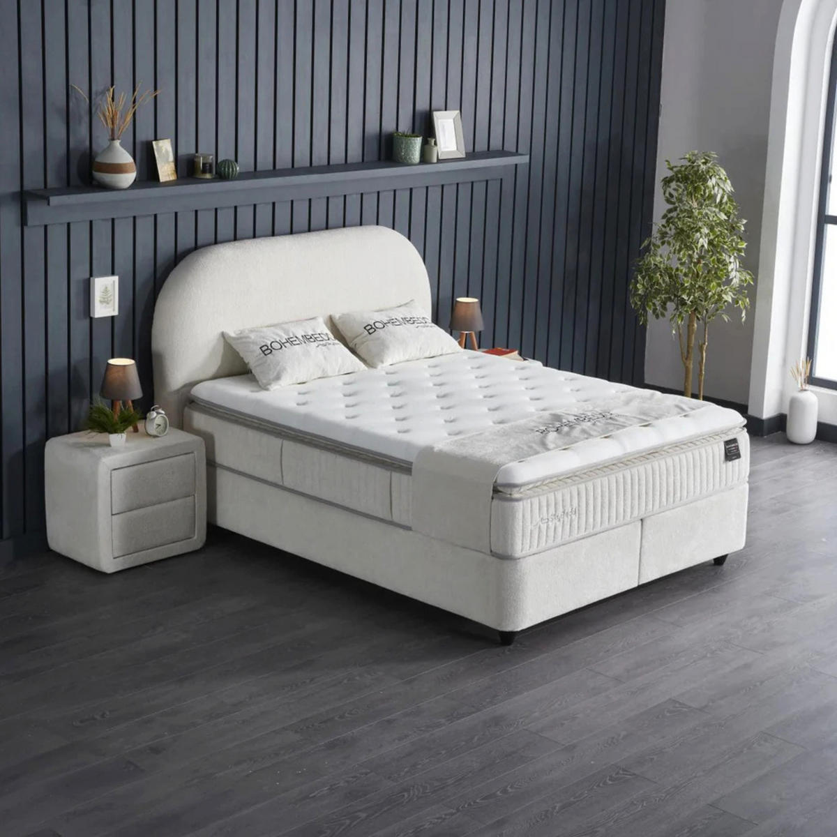 BOXBETT BOHEM Bett mit Matratze 180x200 - Beige, Holz (180/200cm)