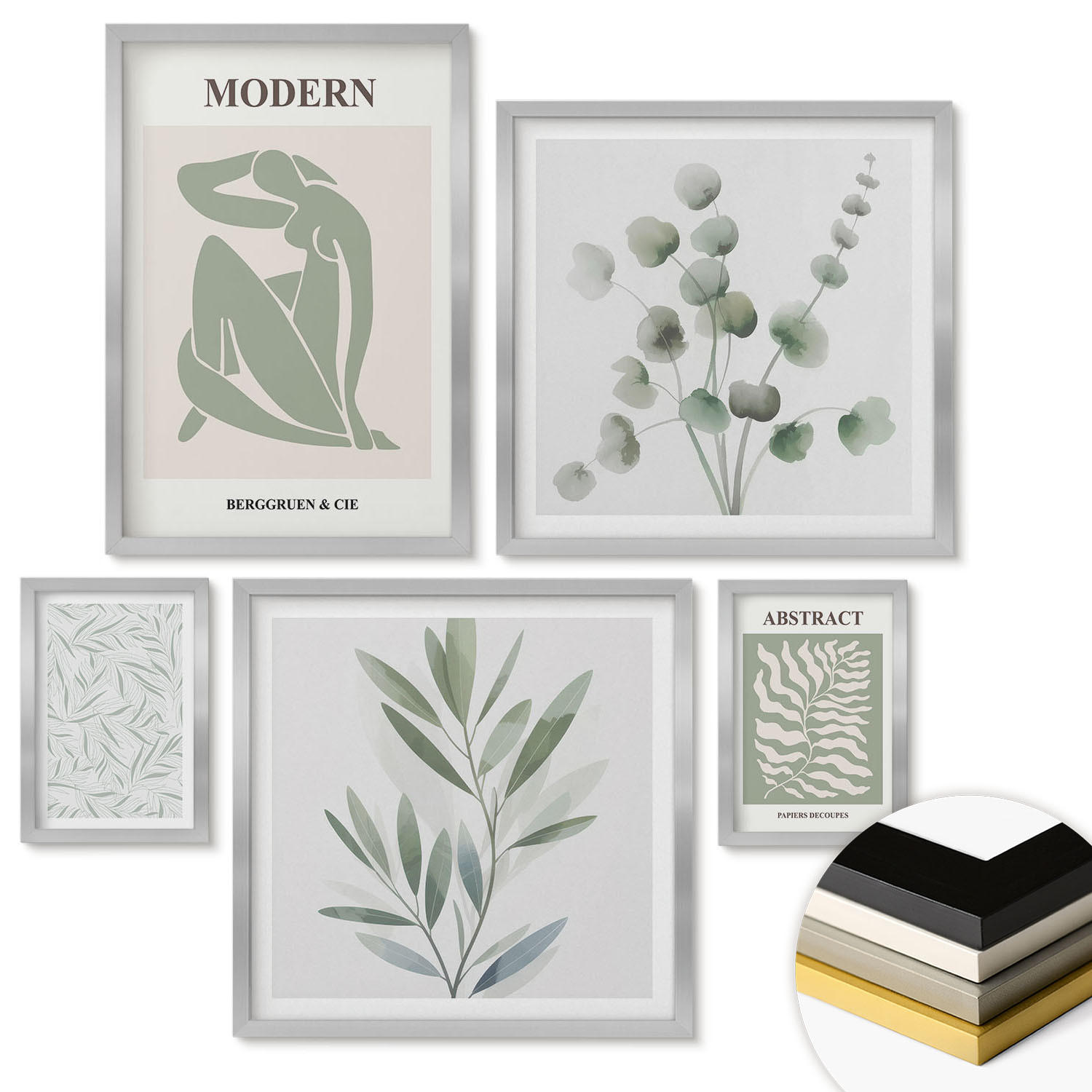 WANDBILDER 5er Set - 50x50 cm & 20x30 cm & 40x60 cm Silberner Rahmen - Matisse entwirft Boho-Pflanzen - Silberfarben, Kunststoff (40/60cm) - ArtPrintCave