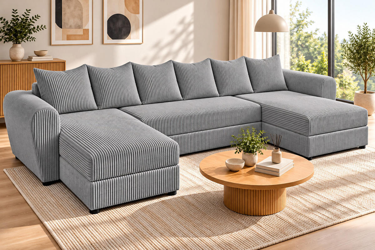 WOHNLANDSCHAFT PUMA U 308 cm – Cord Sofa in U-Form mit Schlaffunktion, Bettkasten und weichem Cordbezug - Hellgrau/Schwarz, Kunststoff (308/85/140cm)