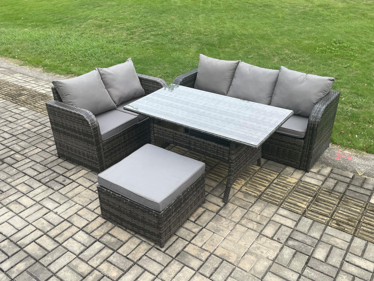 Gartenmöbelset mit Esstisch,Zweisitzer,Hocker Polyrattan Dunkelgrau 6-Sitzer - Dunkelgrau/Grau, Glas/Kunststoff - Fimous
