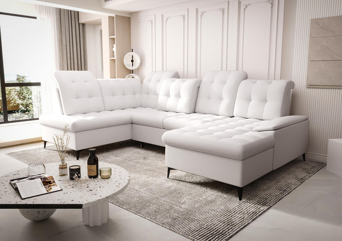 WOHNLANDSCHAFT KONGO RBN17, Eckcouch in U-Form mit Schlaffunktion, Farbe: Weiß, Kunstleder, Ottomane Rechts - Weiß, Textil (343/107/210cm) - O-Sofa