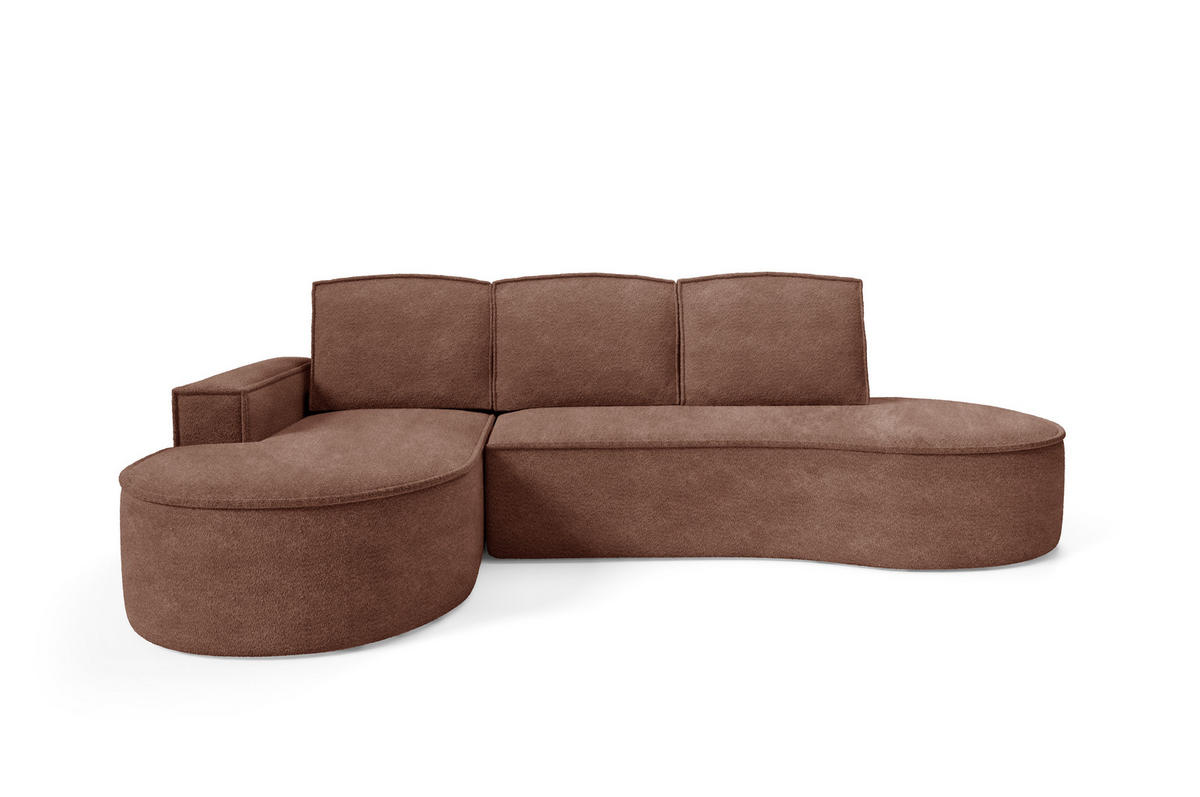 ECKSOFA MOLLY mit Schlaffunktion – Halbrund, freistehend, Liegefläche 140x207 cm, 3 Kissen, Abriamo-Stoff, 277x157x88 cm, Links Braun - Braun, Holz/Textil (157/277cm) - DomoHome
