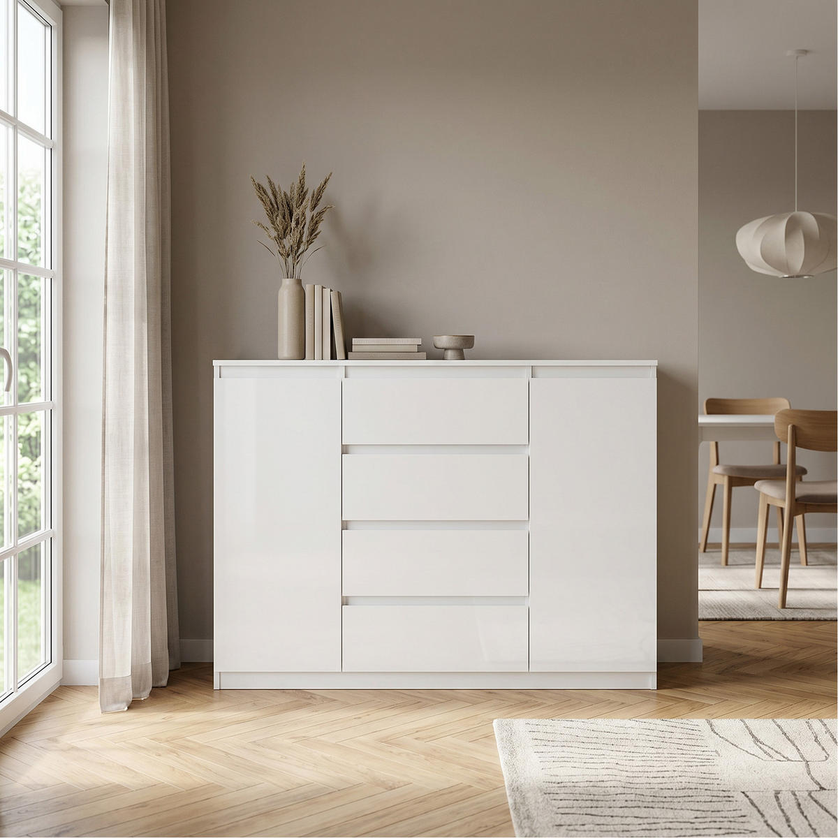 KOMMODE NUDO 120/101,5/39cm mit 4 Schubladen 2 Türen Weiß - Weiß Hochglanz/Weiß, Holzwerkstoff (120/101.5/39cm) - MASSENO