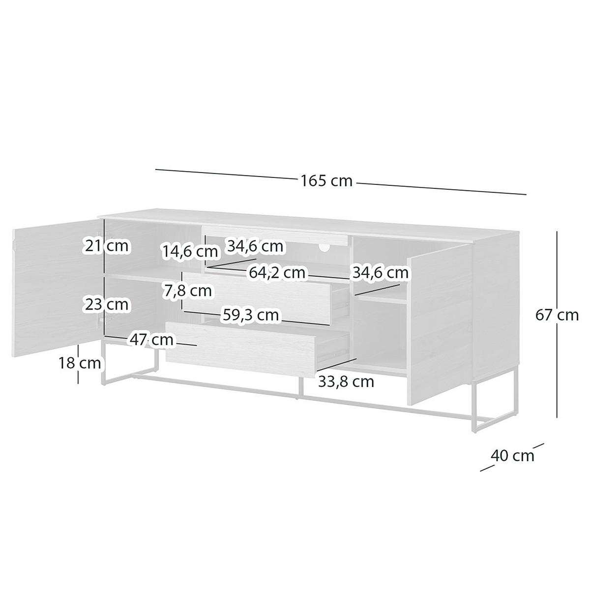 TV-LOWBOARD - Echtholzfurnier / Eisen, Breite 165 cm - Eichefarben/Schwarz, Holzwerkstoff (165/67/40cm) - home24