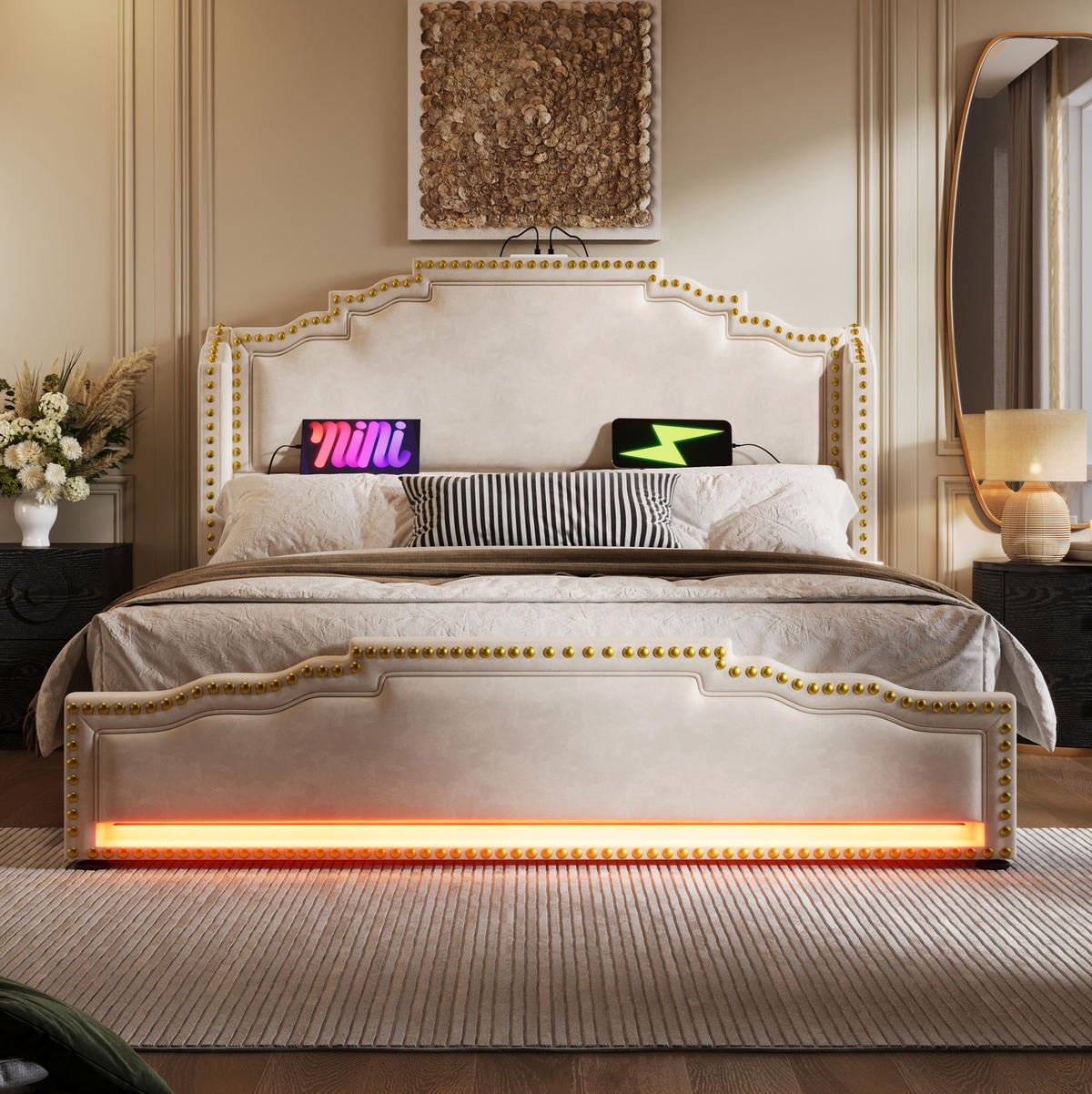 ČALOUNĚNÁ postel 160/200 cm béžová z veluru s LED osvětlením, USB-C a úložnými zásuvkami - béžová, kůže (160/200cm) - OKWISH