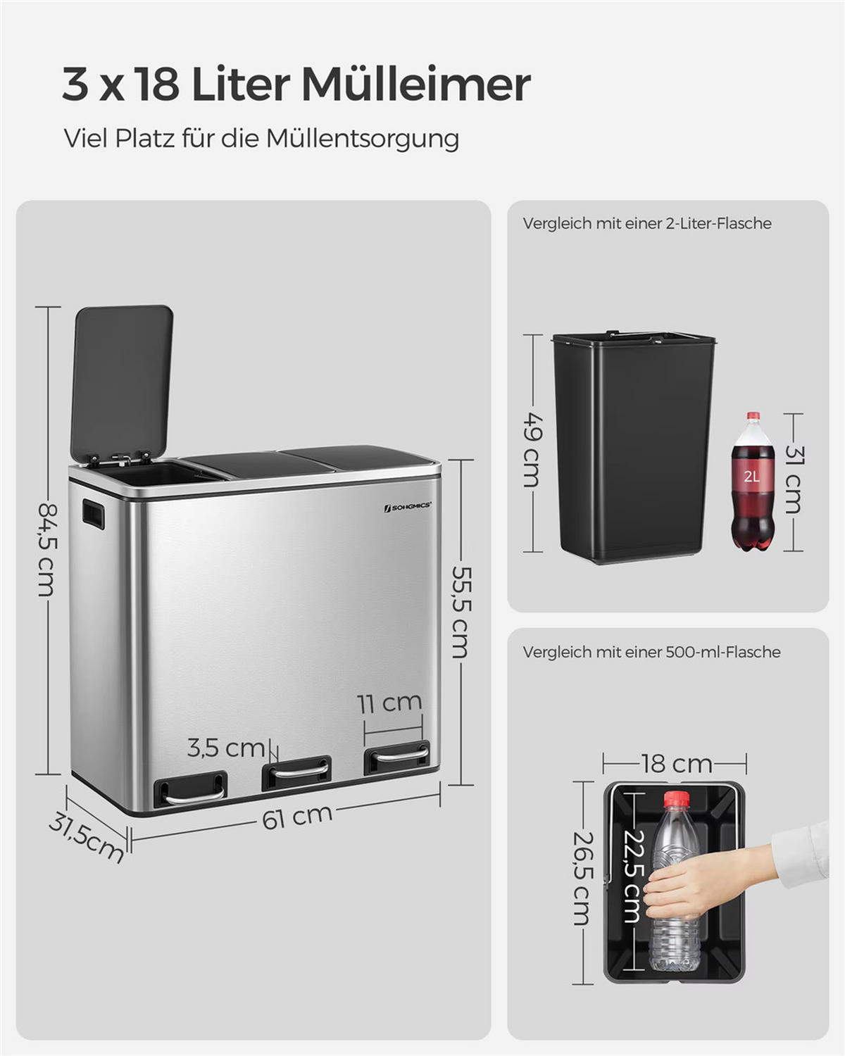 MÜLLEIMER 3x18 L Mülltrennsystem 3 Fächer ergonomisch - Silberfarben, Metall (61/84.5/31.5cm) - Kaket