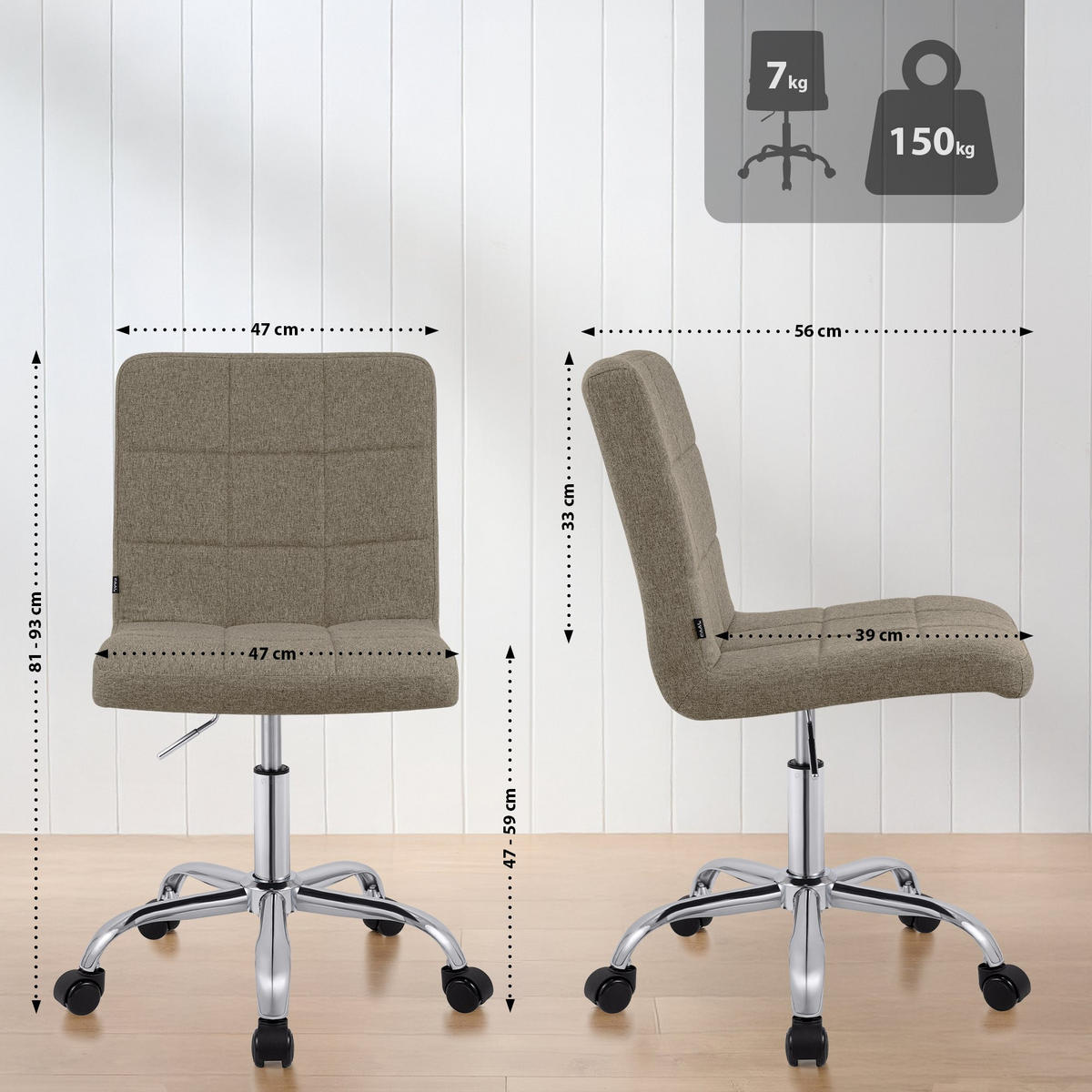 DREHSTUHL Stoff Taupe - Taupe/Chromfarben, Textil/Metall (47/93/56cm) - CLP